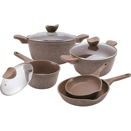 

Nonstick Induction Cookware Sets - 8 Piece Nonstick Cast Aluminum Pots and Pans with BAKELITE Handles - Non-Toxic Pots and Pans- Chocolate Brown