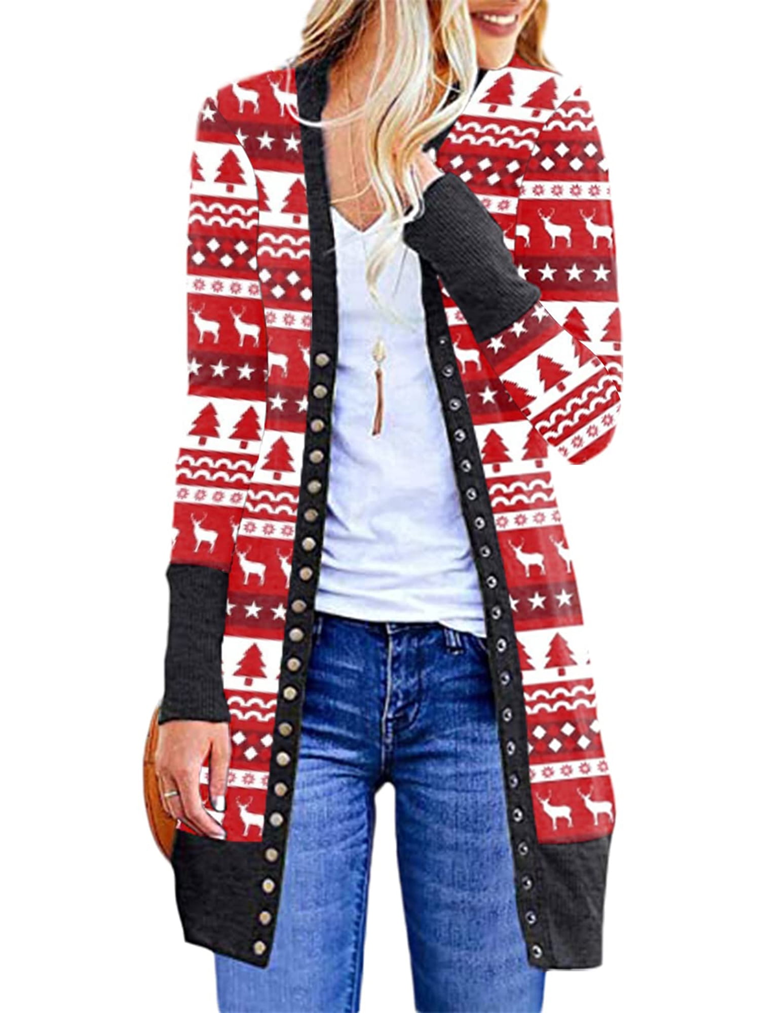 Womens Long Cardigan Christmas Plaid Stripe Patchwork Long Sleeve Fall Tops Open Front Jacket Coat with Pocket