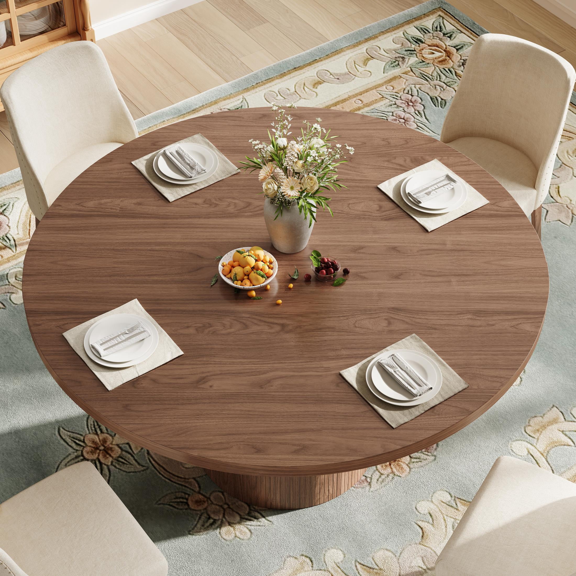 UHOMEPRO Round Dining Table, 47" Circle Kitchen Table for 4-6, Farmhouse Dining Room Table with Sturdy Wood Strip Base, Modern Dining Table for Dining Room Living Room, Walnut(Only Table)