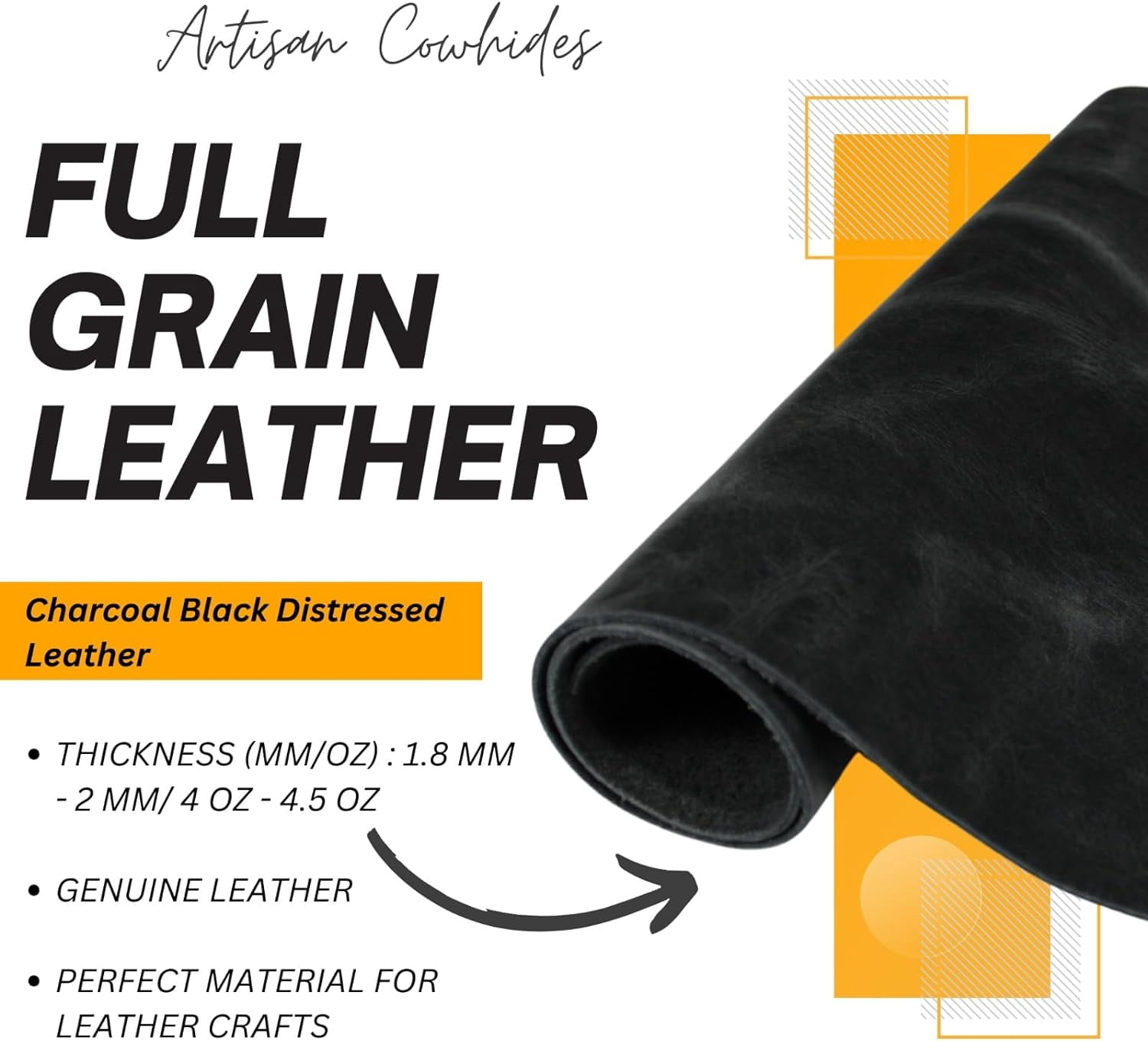 ArtisanCowhides Genuine Crazy Horse Cowhide Leather PRECUT Full Grain Pull Up Thick Sheets for Crafts - Black Charcoal 9"x11"