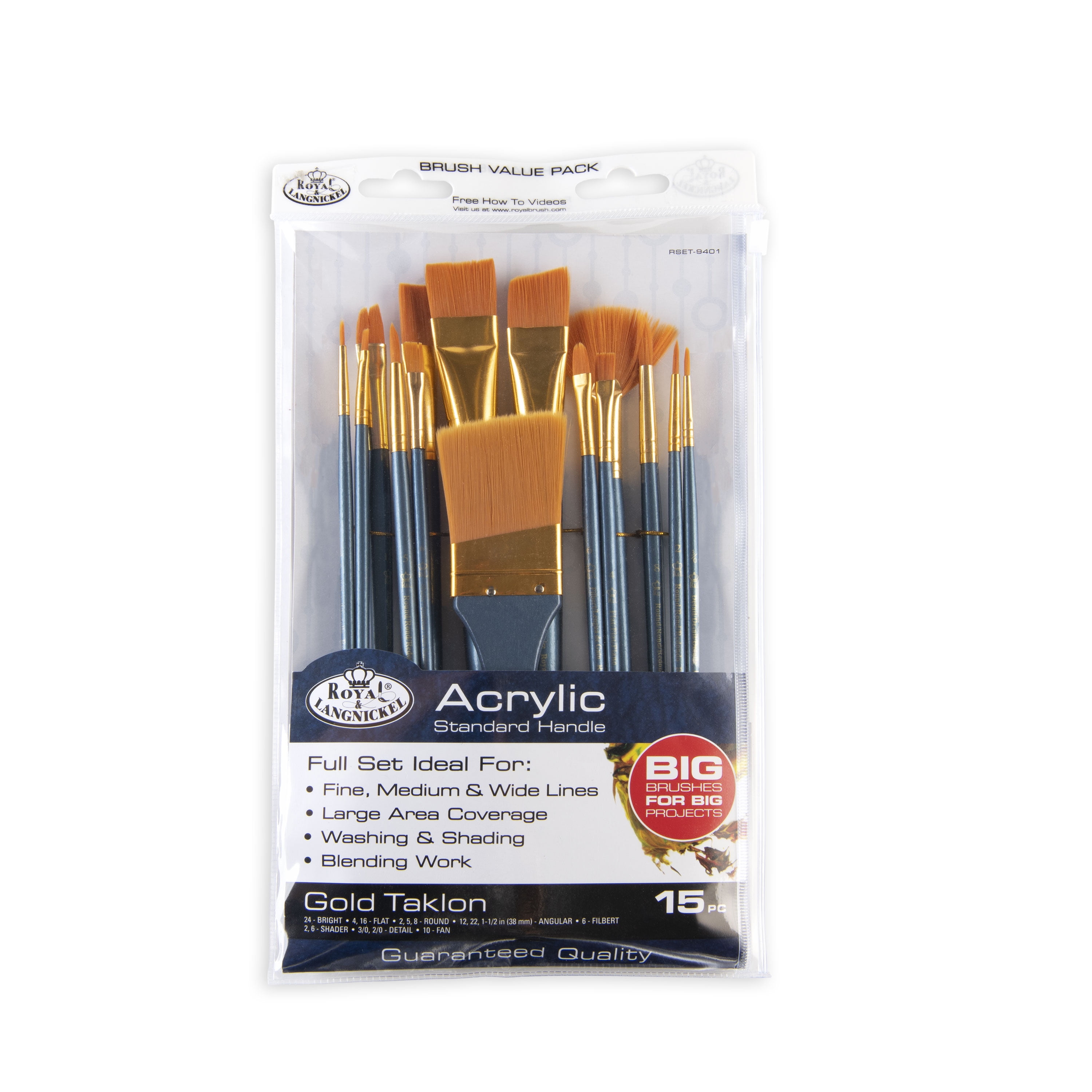 Royal & Langnickel Golden Taklon Assorted Big Brush Acrylic Paintbrush Set, 15pc