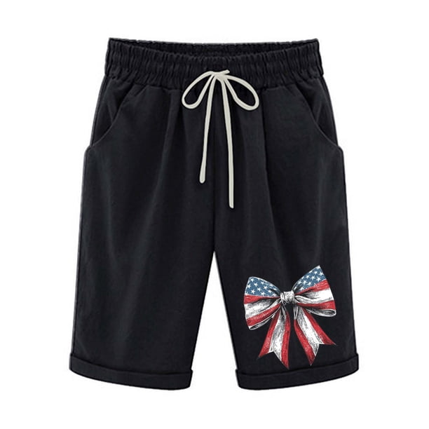Pantalones Elásticos de la Cintura para las Mujeres Impresos Medias Pantalones Cortos, Bolsillos Casuales Poliéster para Toda la Temporada