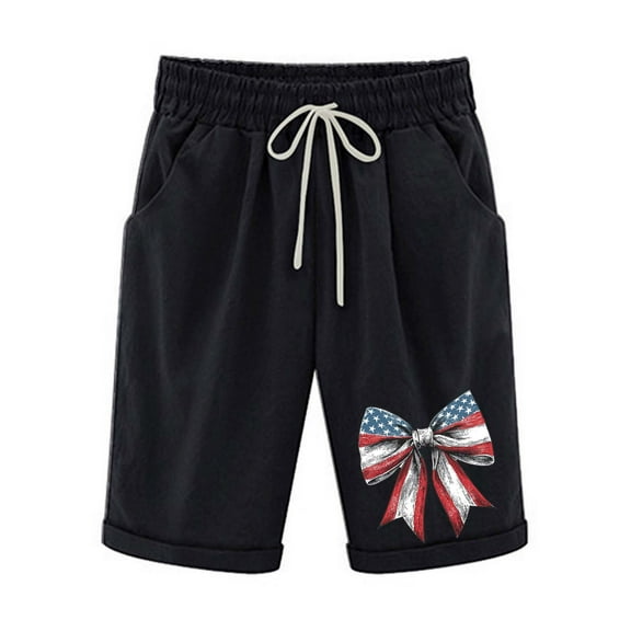 Hvot&aat Women's July 4th Patterned USA Flag Patriotic Shorts Printed Half Shorts Pants Casual Elastic Waist Bermuda Shorts