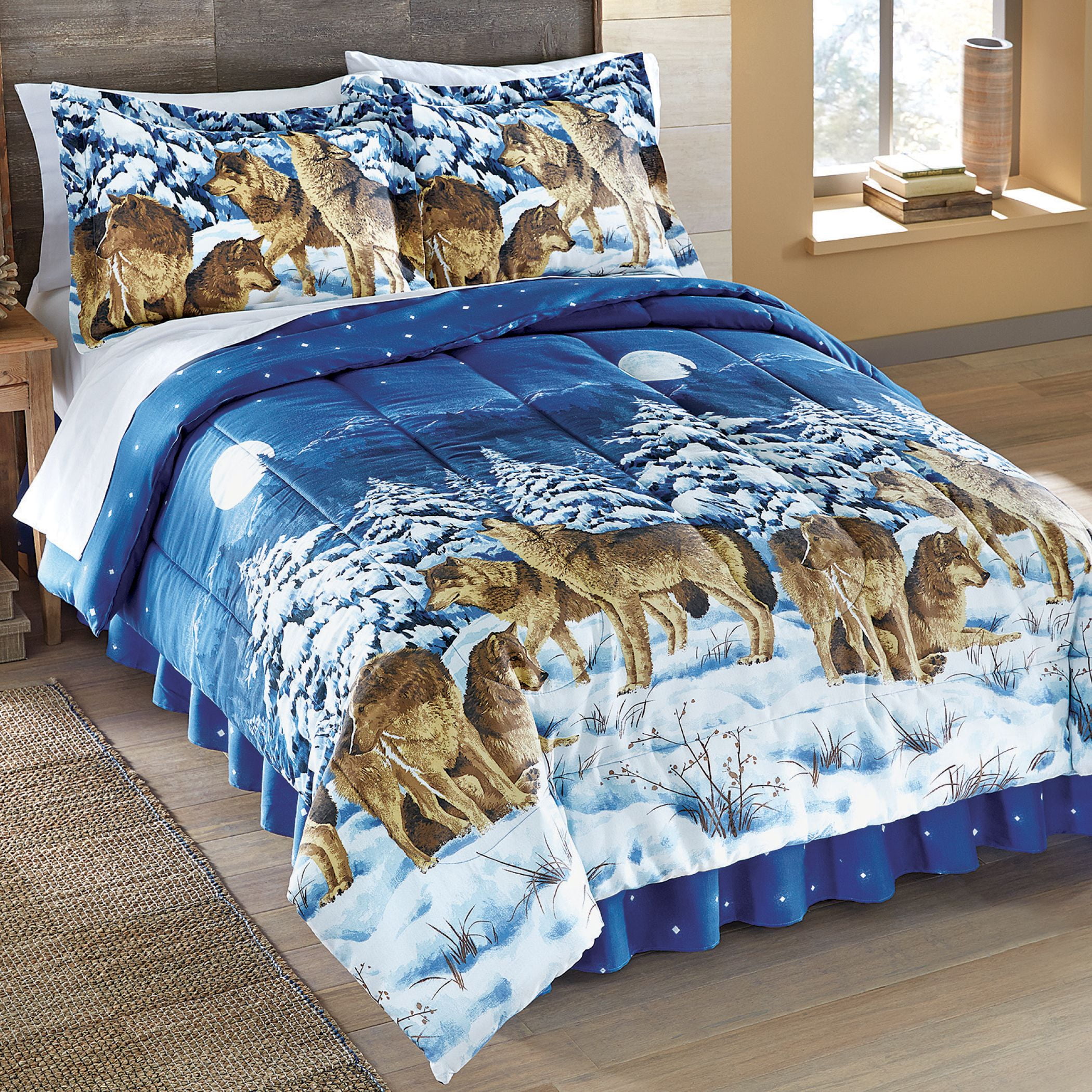 Midnight Wolves and Full Moon Bed Comforter Set with Bedskirt