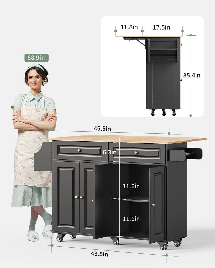 Aiho Kitchen Island with Storage, Mobile Kitchen Island Side Table on Wheels with Rubber Wood Drop-leaf Countertop , Side Rack and Drawer and for Kitchen,Dining Room - Black