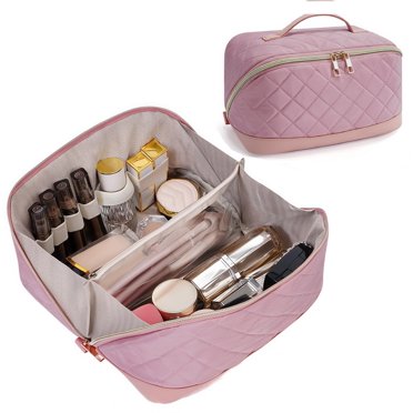 Quilted Makeup Bag for Women, Large Travel Cosmetic Organizer with ...