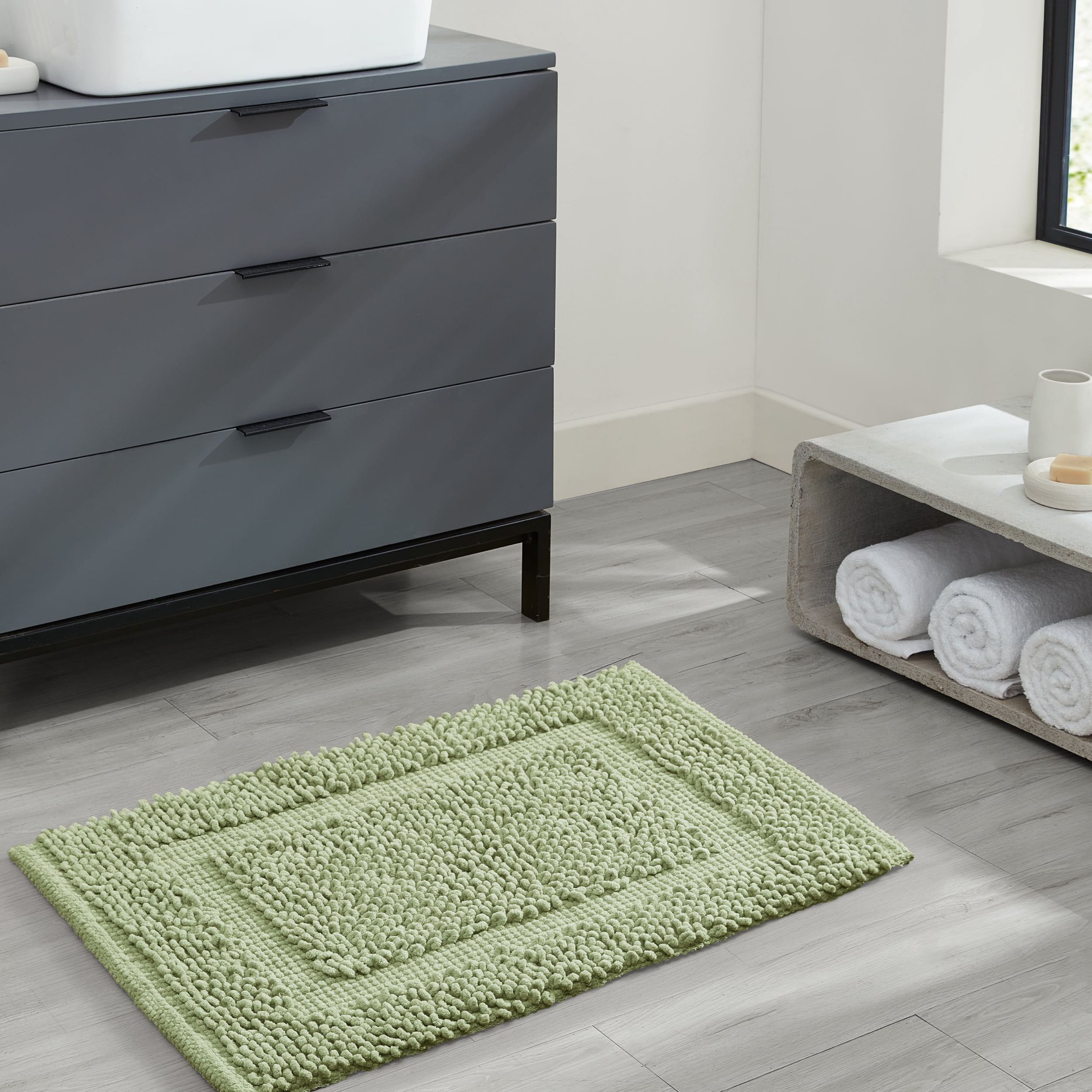 Jean Pierre New York Sophie Border 100% Cotton Bath Mat - Non-Slip Bath Rug - Sage Green - 20" x 32"