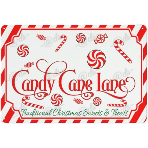 Candy Cane Lane Retro Metal Tin Sign Traditional Christmas Sweets and Treats Print Wall Art for Home Living Room Wall Decor Gift Christmas Candy Cane Lollipop Poster 6x8 Inch