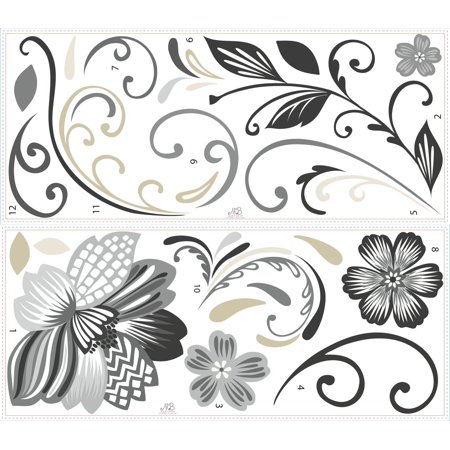 Black and White Flower Scroll Peel and Stick Giant Wall Decals