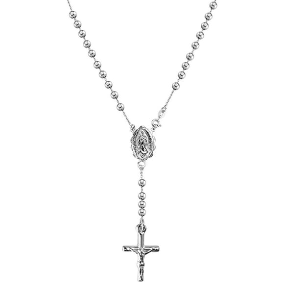 Savlano 925 Sterling Silver Italian Solid Bead Chain Cross & Rosary Virgin Mary Pendant Y Necklace Comes With Gift Box for Women - Made in Italy (20, 5mm)