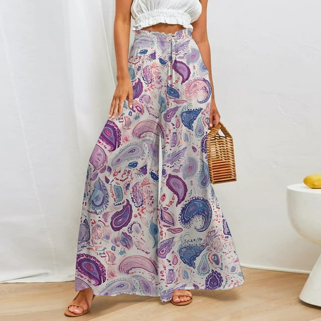 WILLBEST Pantalones Casuales elegantes para Mujer: Pantalones Palazzo Bohemios Florales de Pierna Ancha para Mujer, Pantalones Casuales Fluidos de Playa de Verano 2025 Mediana