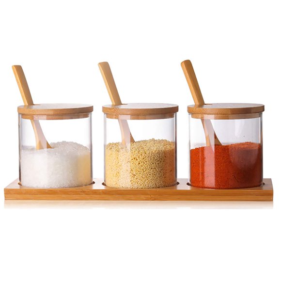 FANTESTICRYAN Ensemble de 3 Pcs de Bocaux et Pots à Condiments Simples et Élégants, Boîte de Rangement Décorative en Verre pour Assaisonnement avec Couvercle et Base en Cuillère en Bambou pour la Maison, la Cuisine, le café, pour Ranger Sel Sucre Poivre Épices