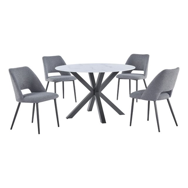5pc Marbre Blanc Enveloppé Table à Manger avec Verre Trempé et Chaises Grises