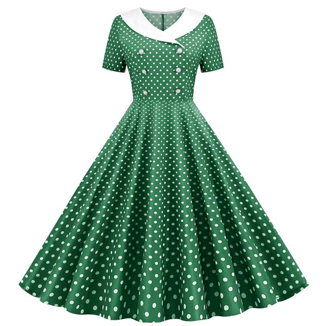 Dvprdro Robe de Bal pour Femme Invitée de Mariage Mode Vintage à Pois Imprimée Manches Courtes Ligne A Évasée Cocktail Fête Robe Midi