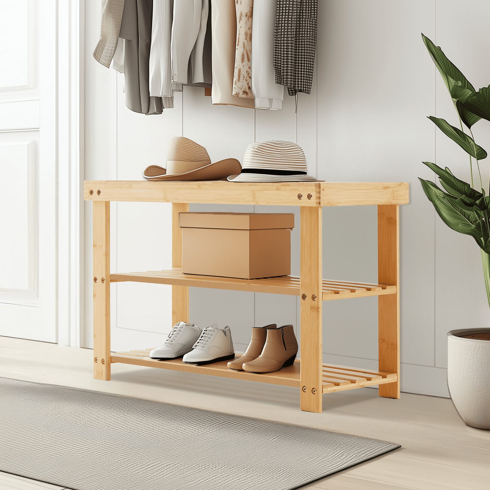 MAYEERTY 3-Tier Bamboo Shoe Rack Bench, 286Lbs Capacity, Compact Storage for Entryway, Bedroom