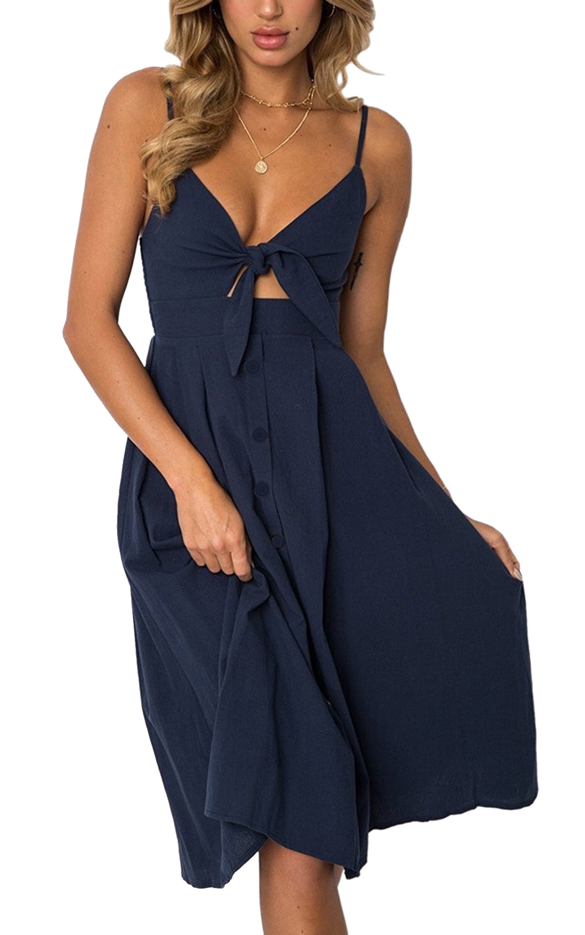 Women Summer Boho Midi Dresses Tie 