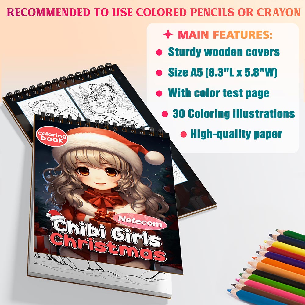 Netecom Chibi Girls Christmas Coloring Book Spiral Bound for Adults, A5 Wooden Cover, 30 Beautiful Coloring Pages of Kawaii Girls in Holiday Season for Stress Relief and Relaxation