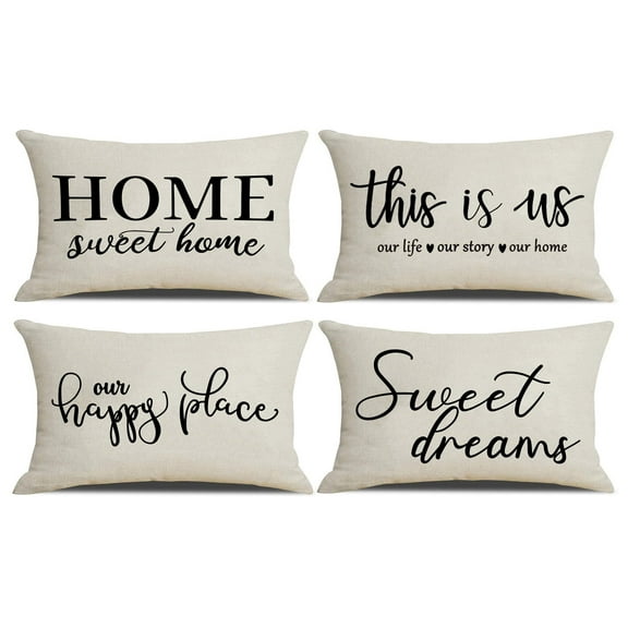 NYDECOR Set of 4 Farmhouse Pillow Covers 12x20 Quote Our Happy Place Lumbar Throw Pillow Cover This is Us Home Sweet Home Pillow Case Sweet Dreams Cushion Covers for Couch Sofa Bed Porch Chair