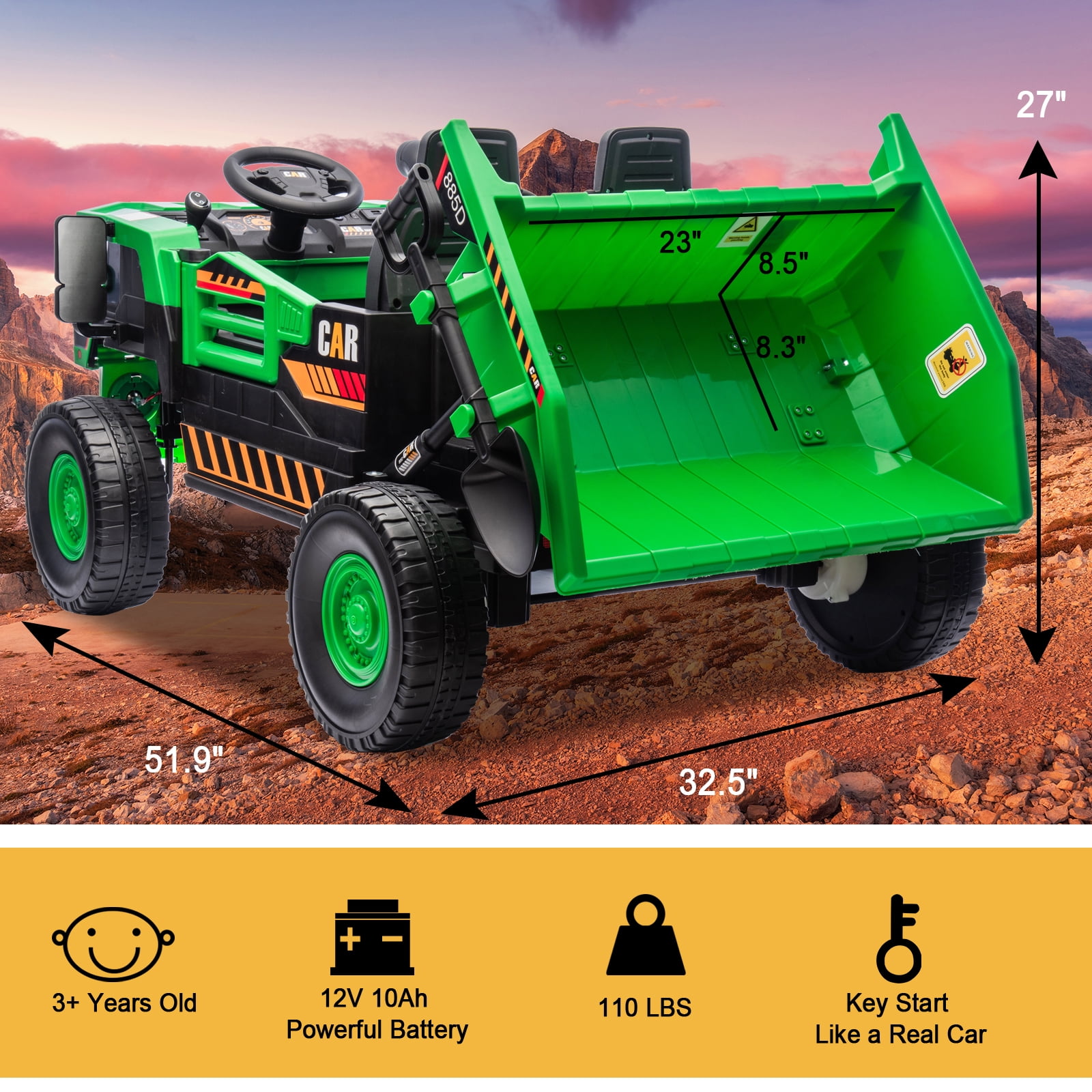 FINITO 12V 10Ah Ride on Tor for Toddlers, Powerful 4 Wheels Electric Dump Truck, 2 Seater Kids Ride on Car w/Parent Remote Control, Music Bluetooth, Green