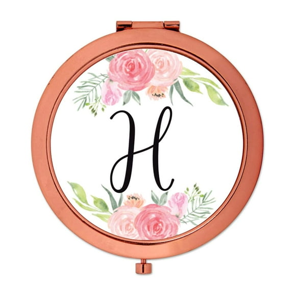 Koyal Wholesale Compact Mirror Bridesmaid's Wedding Gift, Rose Gold, Monogram Letter H, Peach and Pink Roses, 1-Pack
