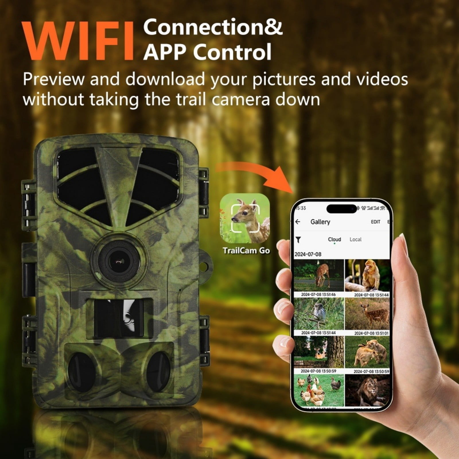 WiFi Trail Camera with Infrared Night Vision, Motion Activated Game Camera with Type-C Charging, High Resolution Wildlife Camera with IP66 Waterproof for Outdoor Use
