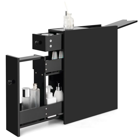 Topbuy Slim Bathroom Storage Cabinet Freestanding Toilet Paper Holder with Slide Out Drawers for Small Spaces Black