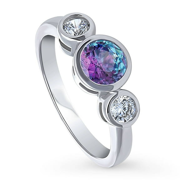 BERRICLE Sterling Silver 3-Stone Purple Aqua Round Cut Cubic Zirconia CZ Kaleidoscope Fashion Ring for Women, Rhodium Plated 0.8 Carat Size 8.5