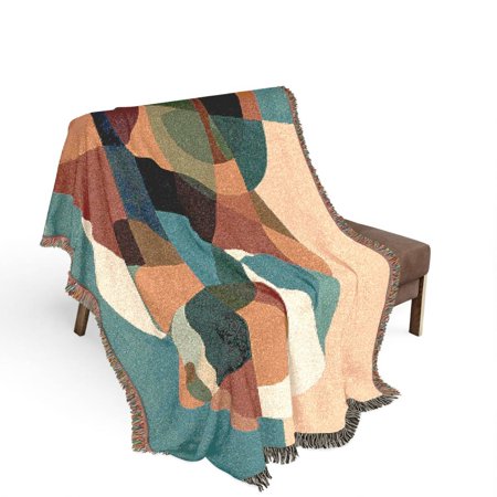 Abstract Geometric Teal and Rust Woven Throw Blanket 100% Cotton Mid-Century Style for Living Room Decor