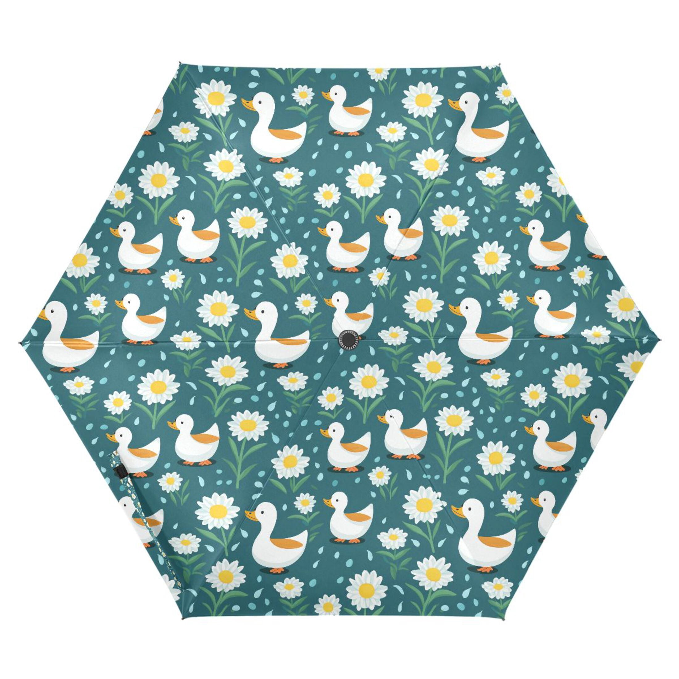 Cartoon Cute Duck and Daisies Compact Sun Umbrella Windproof Travel Umbrellas for Rain Strong Portable UV Protection