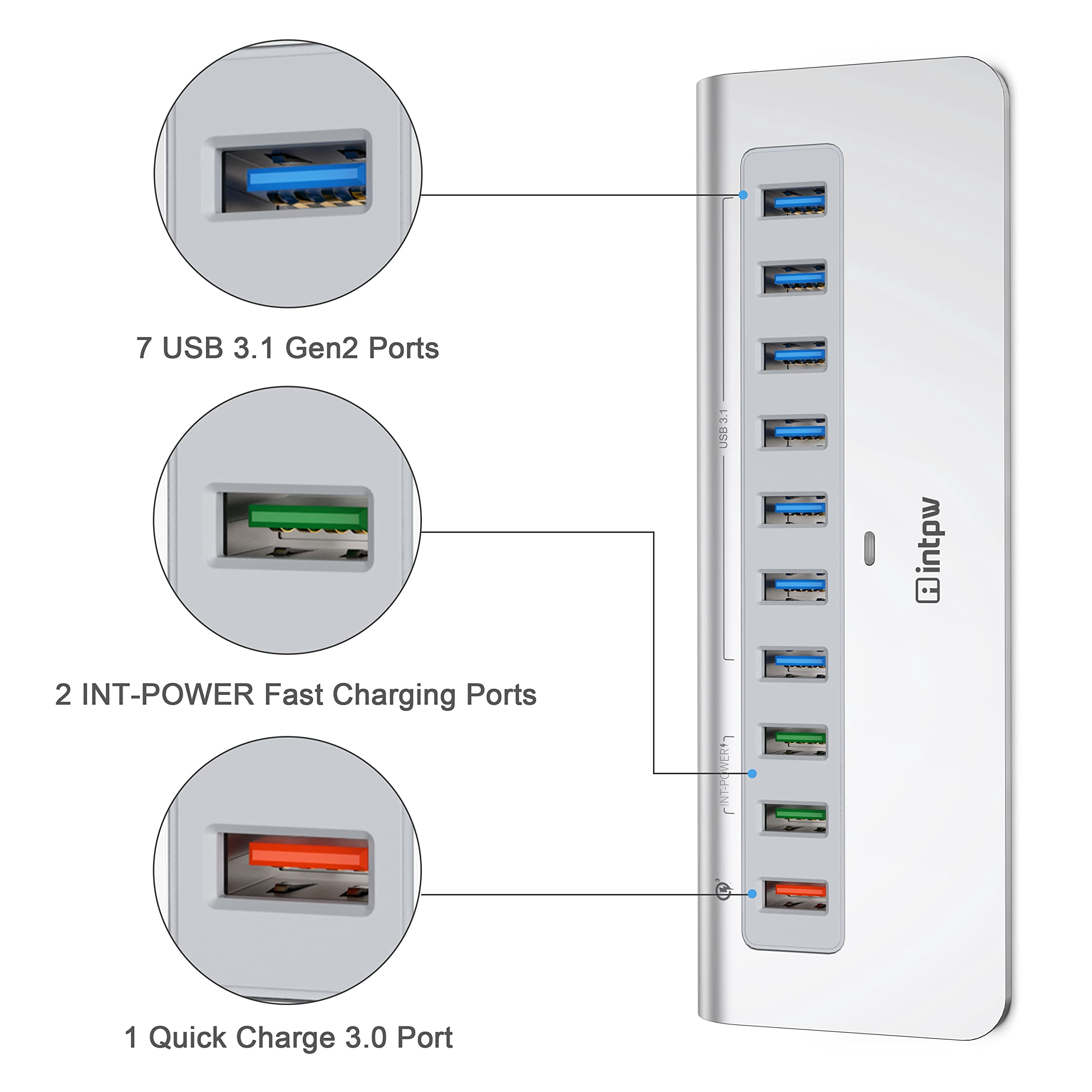 INTPW Powered USB C Hub for Laptop, 10-Port USB Hub with 10Gbps Data Transfer, 7 USB-A and 3 USB-C Ports, Ergonomic 32° Design