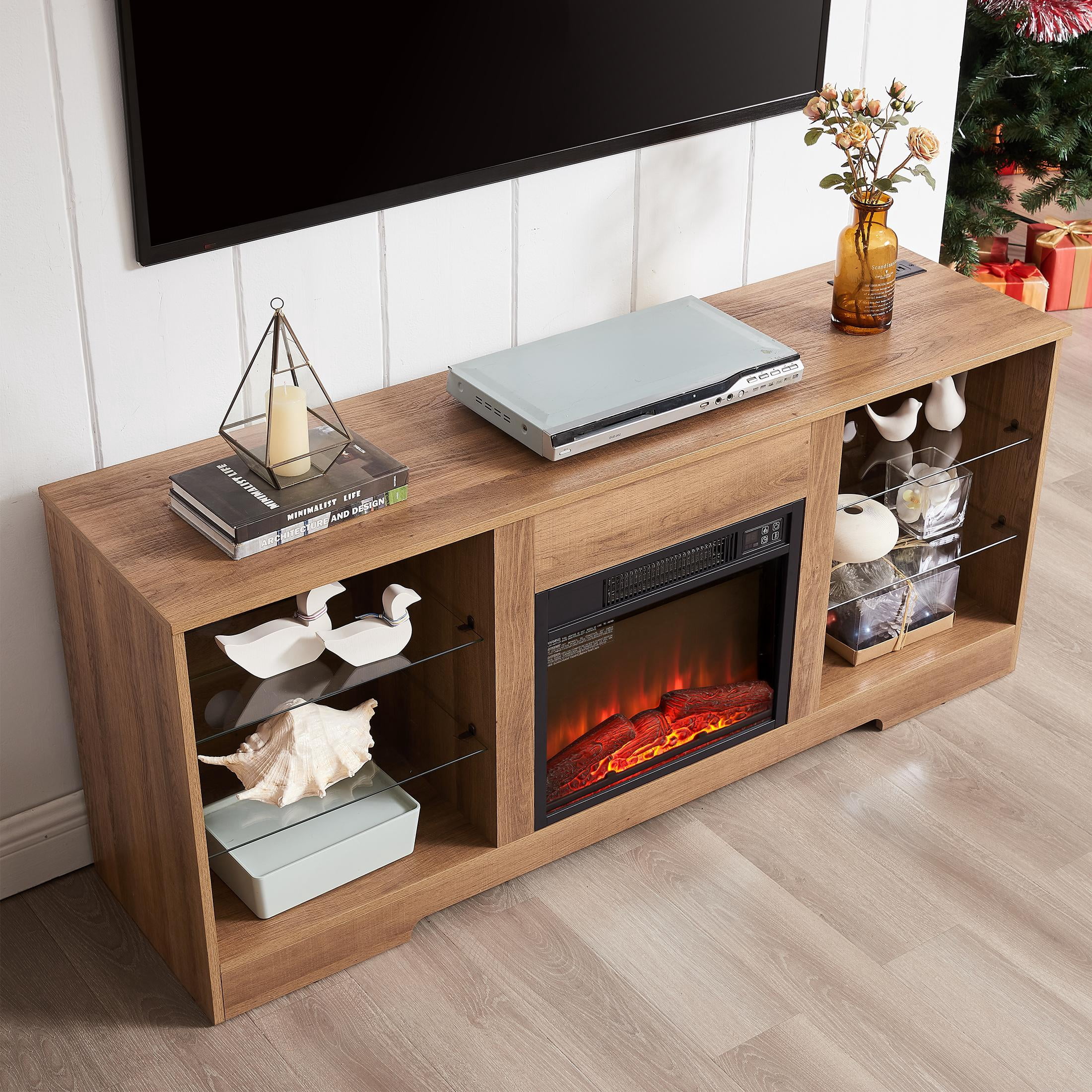 SESSLIFE Fireplace TV Stand for 65 Inch TV, Farmhouse TV Stand with Storage Shelves, Entertainment Center with 3D Flame Electric Fireplace Heater, Oak