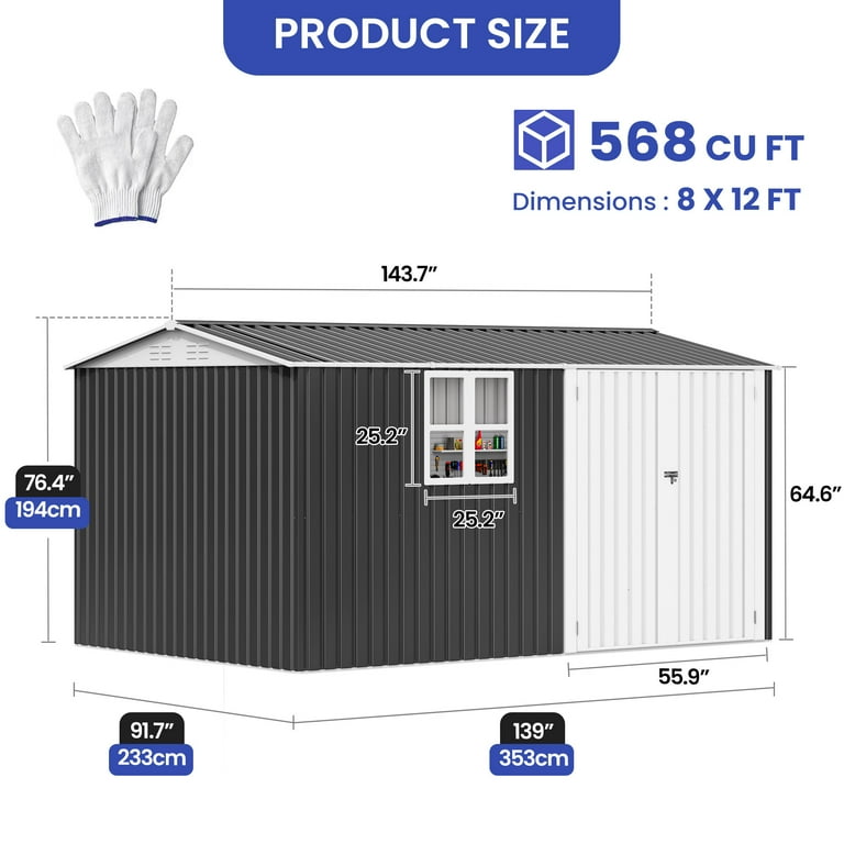 ydsmr.です₊⁎⁺˳✧༚ ModFusion 8x12 ft Steel Shed, Lockable 2 Doors, Large Window