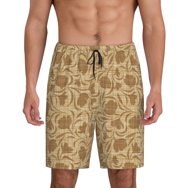 Balery Brown Flowers Pantalones cortos de pijama de punto de algodón para hombre con cinturilla y bolsillos-Large