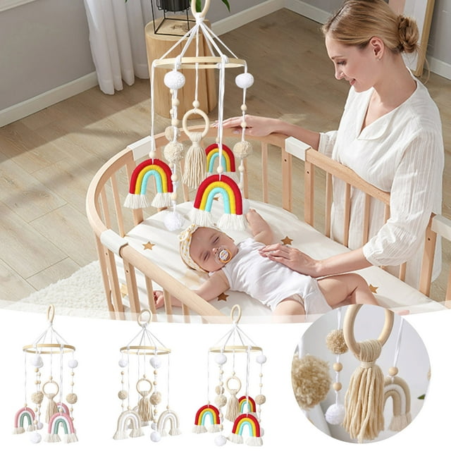 Fiudx Móvil para Cuna, Diseño de Cielo Estrellado y Arcoíris, de Madera, Juguete Sensorial para Niños y Niñas, Decoración Versátil para El Hogar, Guardería y Sala de Estar, 19 X 48 Cm