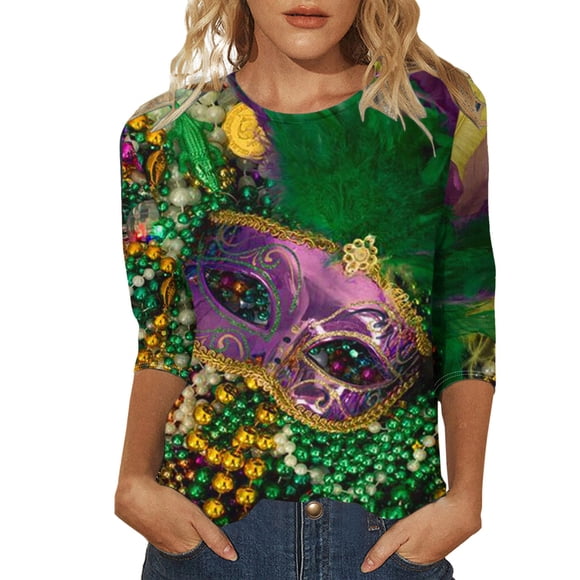 Outfmvch Mardi Gras Shirt Women Masks Graphic T-Shirt mardi gras mask 2024 Mardi Shirt For Women Carnival Themed Outfit Party Graphic 3/4 Sleeve Tunic Tops Crewneck Blouse Tshirt Pink XXL