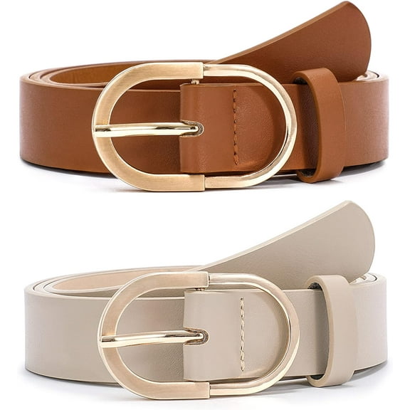 2 Pack Women's Belts for Jeans Pants Fashion Gold Buckle Ladies Dress Belt