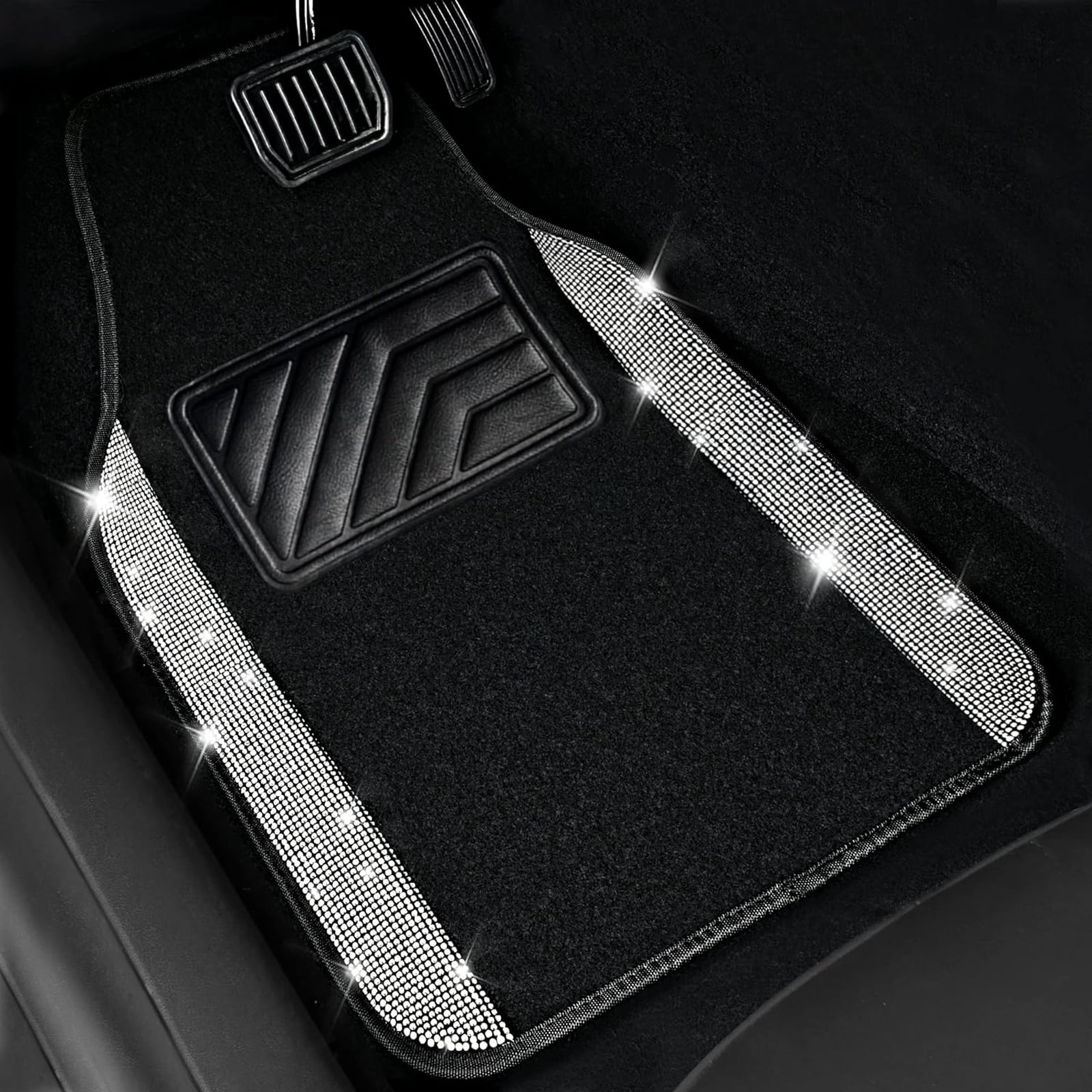Car-Grand Bling Rhinestone Diamond car floor mats shining carpet sparkly glitter crytal with anti-slip heel waterproof universal fit cute girl women 4pcs Black silver