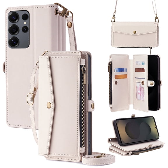 ELEHOLD for Samsung Galaxy S26 Ultra Crossbody Case, Shockproof Wallet Leather Flip Cover with Card Holder, Zipper Pocket,White