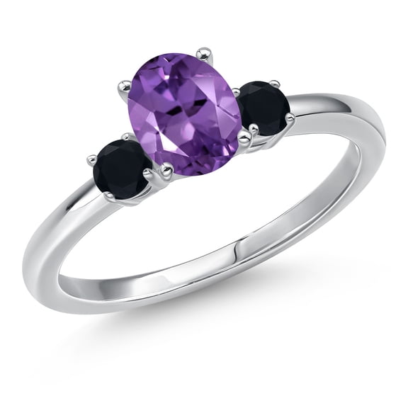 Gem Stone King 14K White Gold Purple Amethyst and Black Onyx Engagement Ring for Women | 0.95 Cttw | Oval 7X5MM | Gemstone February Birthstone | Size 6