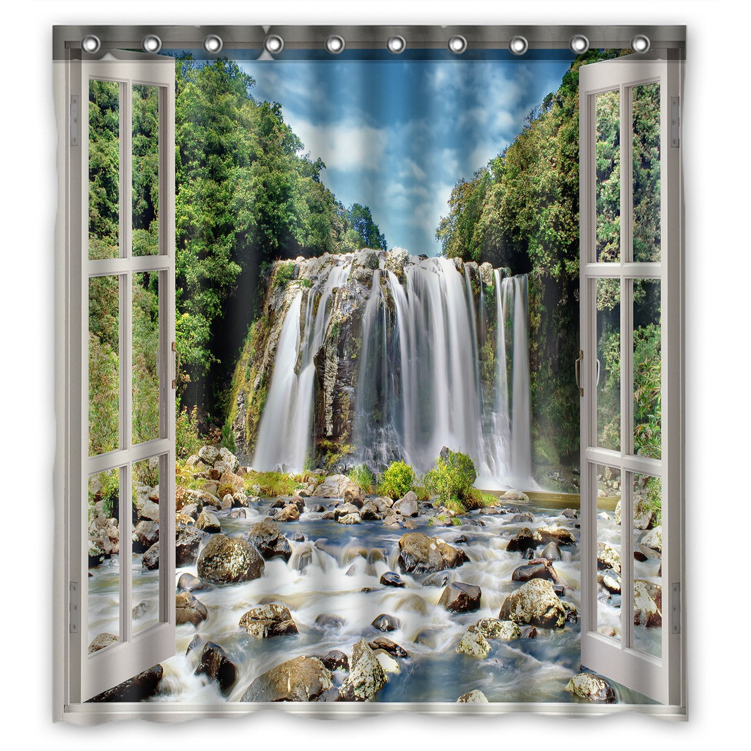 PHFZK Scenery Shower Curtain, Open Window Panoramic View to Famous Huge
