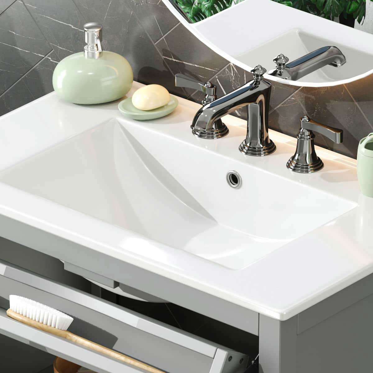 Resenkos 30" Bathroom Vanity with Ceramic Sink, Solid Wood Legs, Adjustable Shelf, Tip-Out Tray, Silver Metal Knobs, Soft Close Hinges - Gray