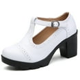 thumbnail image 2 of Lovskoo 2024 Women's Oversized Classic Leather Shoes T-Strap Platform Chunky Block Mid-Heel Closed Toe Pumps Metal Buckle Mary Dress Wedding Shoes White, 2 of 4