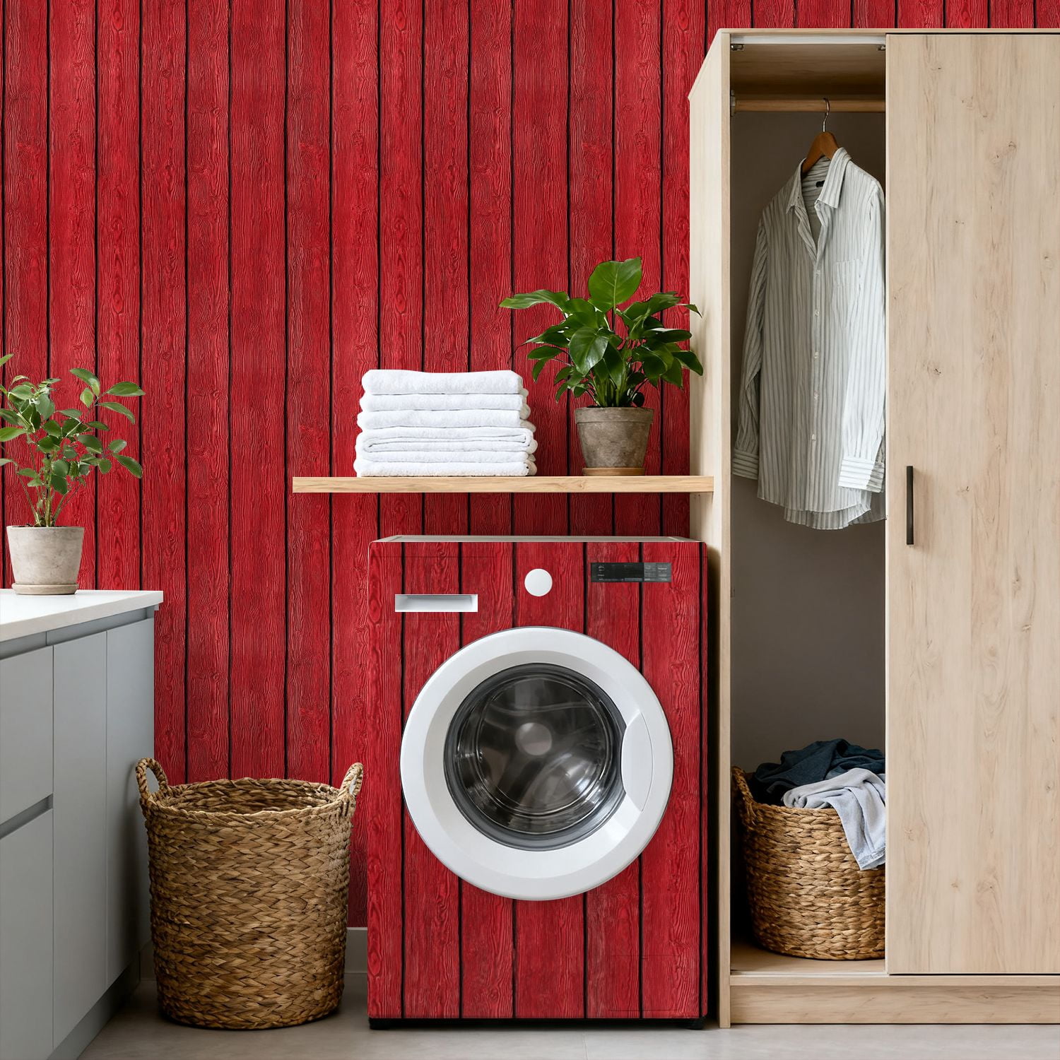 Peel and Stick Wallpaper Red Painted Wooden Planks Vertical Rustic Wood Texture 17.7in x 118in Contact Paper Removable Self Adhesive Wall Mural Wall Decor for Bedroom Kitchen Cabinets