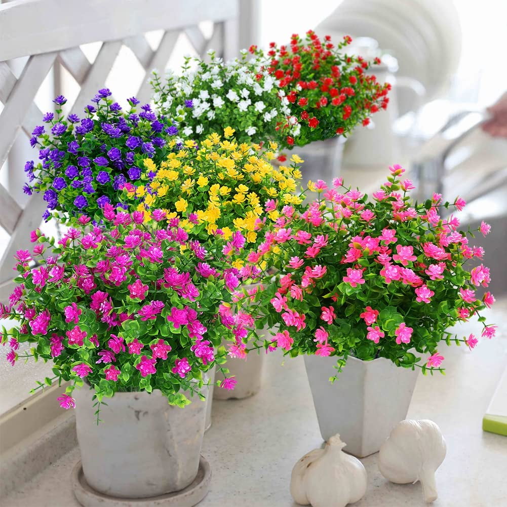 Viworld 12 Bundles Outdoor Artificial Flowers UV Resistant Fake Boxwood Plants, Faux Plastic Greenery for Indoor Outside Plants Garden Home Decor (Pink)