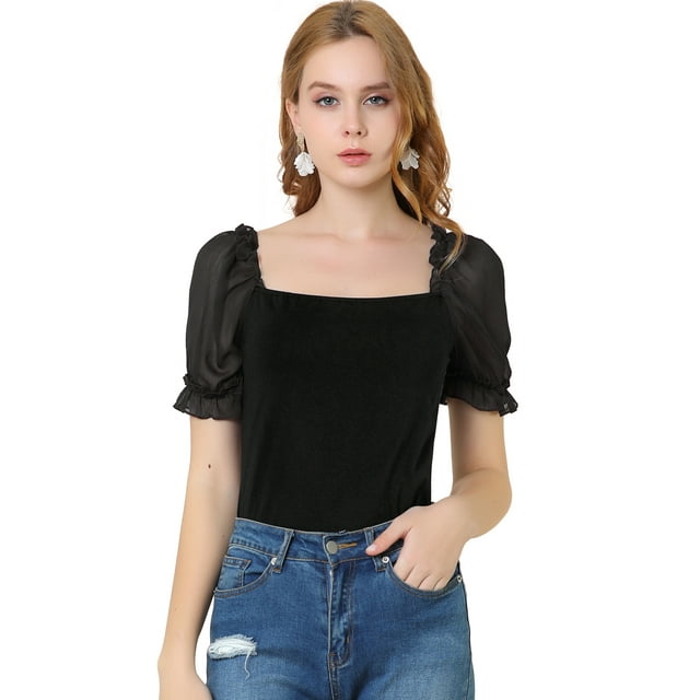 Unique Bargains Blouse Élégante à Manches Bouffantes pour Femmes, Col Carré