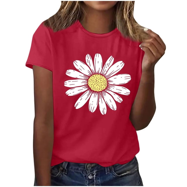 Camisas de Manga Corta para las Mujeres Moda Casual Impresión Cuello Redondo Suéter Tee Blusas
