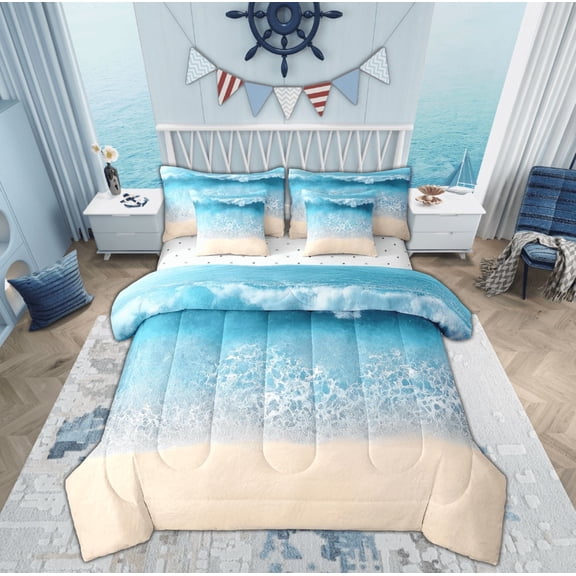 Feelyou Nature Beach Bedding Comforter Set 7 Pieces, Blue Ocean Waves Full Bedding Set, Marine Sea Theme Fitted Sheet Flat Sheet, Microfiber Room Decor