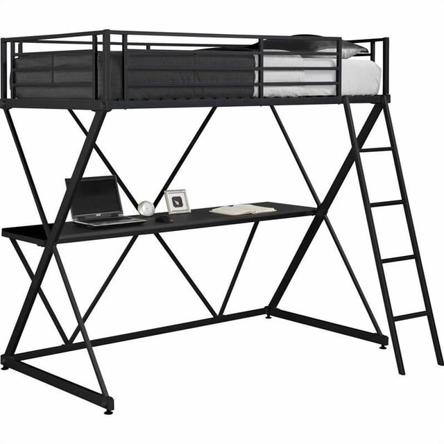 Kingfisher Lane Moderne X en Forme de Lit Simple en Métal avec Bureau en Noir