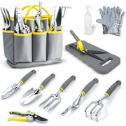 11PCS Gardening Tool Kit, Yellow, with Ergonomic Handles and Storage Tote Bag