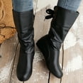 thumbnail image 2 of Slouchy Wide Mid Calf Boots for Women Bride Wedding Leather Suede Fashion Bow Lace up No Heel Tall Boots, 2 of 8